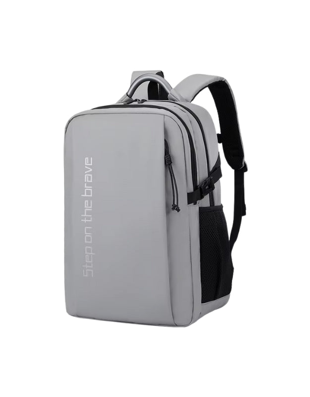 Gray Step On The Brave outdoor waterproof backpack front view.